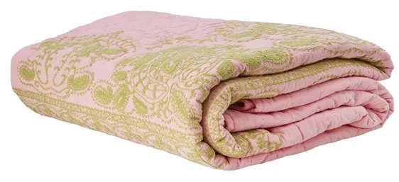 Rice - Cotton Quilt Bedspread in Soft Pink with Green Embroidery